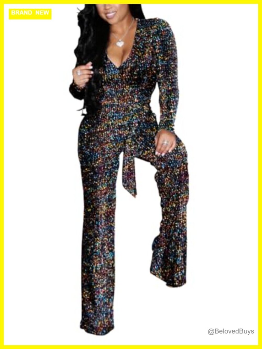 Plus Size Sequin Jumpsuit Long Sleeve V-Neck Wide Leg Party Clubwear